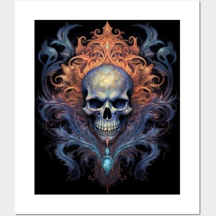 Skull on Blue Fire: Baroque Vintage Ornament Background Posters and Art